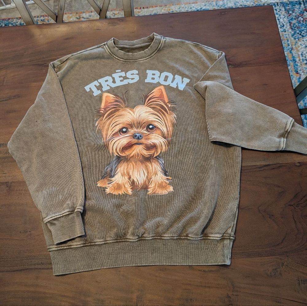 Yorkie Trés Bon Graphic Sweatshirt Olive Green Size Small Oversized